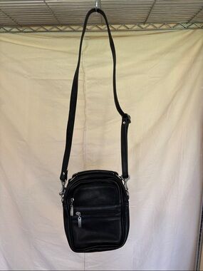 Black Leather Crossbody Organizer Bag - Women's Shoulder Bag